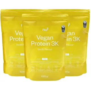 nu3 vegan Protein 3K Vanille 1 kg - Protein-Powder, pflanzlich, laktosefrei, ohne Soja, zuckerarm, gelatinefrei, aspartamfrei, cremig, Eiweißpulver für Muskelaufbau, Training & Alltag - 3x1000 g
