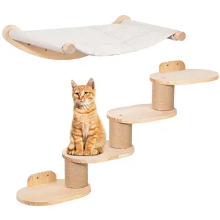 Todeco Kletterwand Katzen Wandmontage inkl. Katzentreppe & Katzenhängematte, Vierstufige Katzenkletterwand mit Jute-Kratzen für Katzen & Rutschfester Matte, 2 in 1 katzenleiter Katzenmöbel