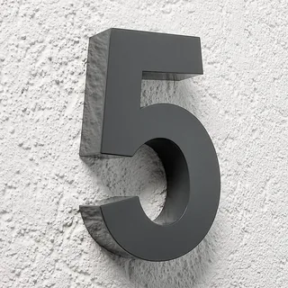 Longlife LED 3D Hausnummer 5 Edelstahl anthrazit RAL7016 Schriftart Arial