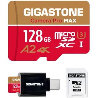 [5 Jahre kostenlose Datenrettung] GIGASTONE 128GB Micro-SD-Karte mit USB 3.2 Typ C Kartenleser, 4K Kamera Pro MAX, bis zu 120/80 MB/s, für GoPro 4K UHD Video, A2 V30 MicroSDXC Speicherkarte