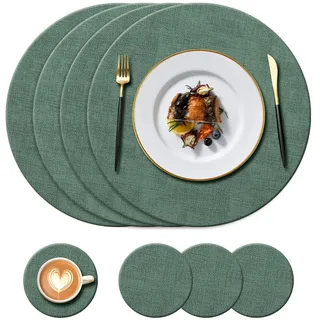 KERYCHIN Runde waschbare Leder-Tischsets (34 cm) und Untersetzer (10 cm), Set, hitzebeständig, 100 °C, rutschfest und wasserdicht, leicht zu reinigen, für Restaurant, Küche, Hotel, 8 Stück, Grün