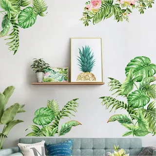 Tanlaby Tropische Blätter Wandsticker Grün Palmblatt Wandtattoo Blumen Pflanzen Wandaufkleber Selbstklebend Abnehmbar Wandkunst Aufkleber für Wohnzimmer Schlafzimmer Sofa Hintergrund Wanddekoration