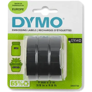 Dymo Original Prägeband | 3D weiß auf schwarz | 9 mm x 3 m | selbstklebendes Kunststoff Etikettenband | für Junior & Omega Beschriftungsgerät | 3 Prägebänder