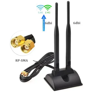 Bolwins L44C WiFi Antenne 3m Dualband 2.4/5.8GHz 2×6dBi RP-SMA Standfuß WLAN-Antenne (WLAN / 4G LTE, für Router, Hotspot & USB-Modem, Verstärkung: 12 dB), 2× 6 dBi Verstärkung, Dualband 2,4 & 5 GHz, externe WLAN/LTE Antenne schwarz