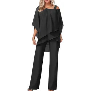 Damen Hosenanzüge Elegant Hochzeit Gäste Hosenanzug 2-teiliges Chiffon Formelles Outfit Übergröße Abschlussball Abend Zweiteiliger Hosenanzug Mutter der Braut Hosenanzug, #02 Schwarz, L - L