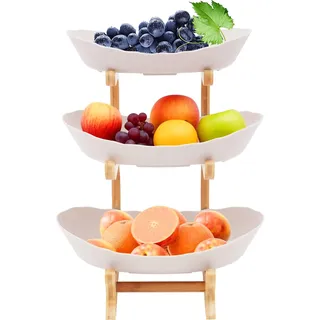 Alnemy Keramik Obst Etagere mit 3 Etagen,Obstkorb Etagere für die Familie,Obstschale Modern mit Natürlichem Bambus Steher für Gemüse,Obst,Snacks,Spielzeug (Beige)