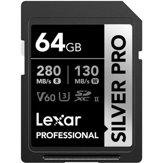 Lexar SILVER PRO SD Karte 64GB, UHS-II SD Speicherkarte, V60, U3, C10, bis zu 280MB/s Lesen, 130MB/s Schreiben, SDXC-Karte für DSLR/Kamera/Fotografen/Videofilmer/Enthusiasten (LSDSIPR064G-BNNAA)