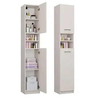 CDF Badezimmerschrank Hochschrank 180 cm - Schmal Badschrank Aufbewahrungsschrank mit Tür Griff Badregal für Bad Waschküche WC Platzsparend Modern Rechts Links Montierbar – Kaschmir (beige)