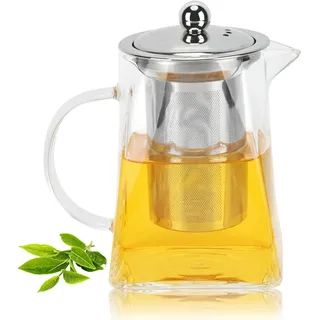 Glas Teekanne mit Sieb 750ml Klarem Quadratische Glas Teekannen mit Edelstahl Teesieb Borosilikatglas Teebereiter für Losen Tee, Teebeutel, Blühenden Tee, Kaffee