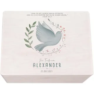 hellomini Taufgeschenke - Personalisierte Erinnerungsbox Taufe aus Holz - Taufgeschenke für Mädchen - Taufgeschenke Jungen - Taufe Geschenk (Taube/Kranz Druck, L: 40x30x23cm)
