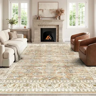 HOMFINE Beige Braun Vintage Teppich Wohnzimmer 200x300 cm Waschbarer Kurzflor Boho Teppiche Weich rutschfest Groß Retro Rugs for Living Room Carpet for Schlafzimmer Esszimmer Küche