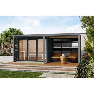 Karibu 38 mm Saunahaus Ares 3 Naturbelassen/Graualuminium + Anbaudach ohne Ofen