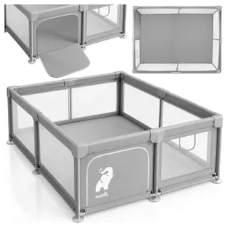 MalPlay Laufstall Baby Laufgitter mit Netzwänden 150 x 180cm, Reißverschluss, Saugnäpfen, Schaumstoffschutz, Spielgehege für Kinder 6–36 Mona... - Grau