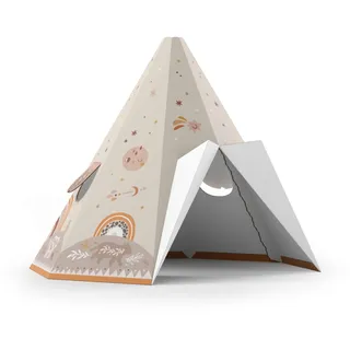 FOLDZILLA Spielhaus XXL 1,32 x 1,22 x 1,55 m aus Pappe Pappspielhaus Karton Haus - Tipi Sternenhimmel