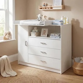 ecomi Wickelkommode Wickeltisch Baby Kommode aus Holz mit Wickelaufsatz, 3 Schubladen 1 Tür, 100 cm Höhe in Weiß