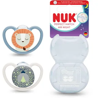 NUK Perfect Match Air Night Schnuller | 6-18 Monate | kieferorthopädischer phosphoreszierender Schnuller, fördert Belüftung und beugt Irritationen vor | 95% Akzeptanz von Babys | Löwe | 2 Einheiten