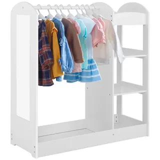 Costway Kindergarderobe mit Spiegel, Kinderkleiderschrank mit Kleiderstange, 2 Stoffschubladen & Haken, Kinder Kleiderständer | weiß