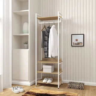 Kleiderständer Mit Regal Kleiderschrank Offener Mit Schuhregal Garderobenständer Für Schlafzimmer, Holz Und Stahl, Hell Eiche+weiß - Woltu