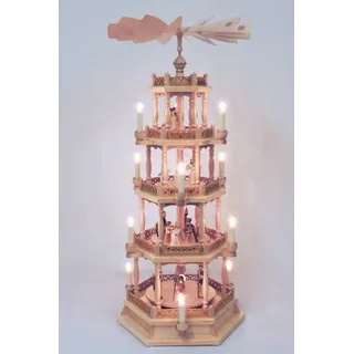 Richard Glaesser Weihnachtspyramide Christi Geburt natur, 4-stöckig, elektrisch bel. u. betr., Höhe 86cm, Handwerkskunst original Erzgebirge