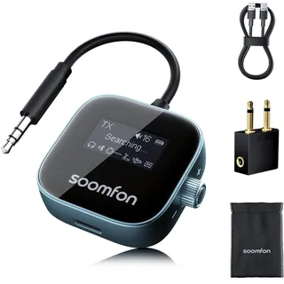 SOOMFON 2-in-1 Bluetooth 5.3 Sender Empfänger Klinke, Bluetooth Adapter Flugzeug mit Display und Akku, 3.5mm BT Transmitter Splitter für 2 Kopfhörer wie Airpods, für TV, Fitness & Stereoanlage