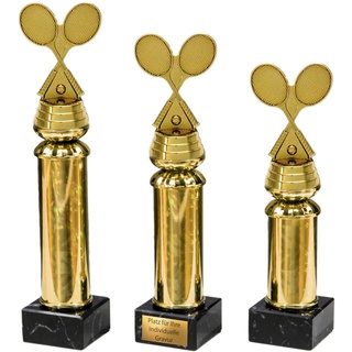 eberin · Tennis Pokal mit Wunschtext · 2 goldene Tennisschläger auf Goldsäule/Marmor · Tennissport Pokal in 3 Größen erhältlich · (21,1 cm)