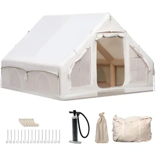 Aufblasbares Campingzelt mit Pumpe, 420D Oxford Glamping Aufblasbares Zelt für Camping, Wasserdicht bis 3000MM, 4 Saison Anti-UV Kabinenzelt mit Mesh Fenster & Türen für 8-12 Person, 400x300x200cm