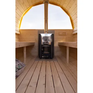 Gartensauna Außensauna Saunafass Fasssauna Holzofen Panoramafenster Vorraum