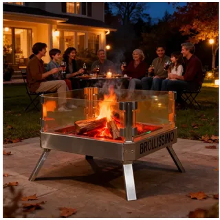 CCLIFE Feuerschale mit Glaskeramik, klappbar tragbar, Feuerschale für Garten Outdoor Camping, Feuerkorb mit Grillrost Feuerstelle Edelstahl