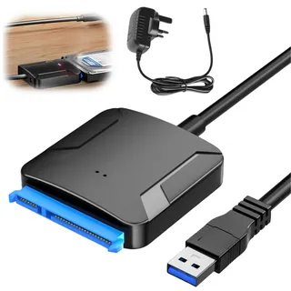 USB 3.0 auf SATA Adapter, USB 3.0 auf SATA III Festplattenadapter mit 12 V/2 A Netzadapter für 2,5 Zoll / 3,5 Zoll HDD/SSD Festplatte und SATA optisches Laufwerk