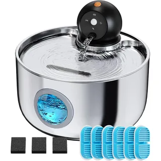 Katzenbrunnen Kabellos Trinkbrunnen für Katze Edelstahl: Katzen Trinkbrunnen mit Sensor - 2.6L Katzentrinkbrunnen Leise - Wasserbrunnen für Katzen mit Akku - Wasserspender Katze ohne Kabel - 9 Filter