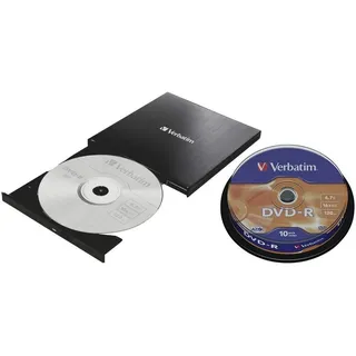 Verbatim Externer Slimline CD/DVD-Brenner + DVD-R 4.7GB 16x Silver Diskettenlaufwerk (inkl. DVD-R 4,7GB 16x 10er Spindel) schwarz