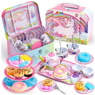 Joyin 35Pcs Teeservice Kinder Einhorn Tee Party Set für Mädchen, Tin Teekanne Set, Prinzessin Tee Zeit Spielen Küche Spielzeug mit Dessert, Donut, für Geschenke Kinder ab 3 4 5 6 Jahren