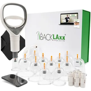 BACKLAXX ® Schröpfgläser mit Vakuumpumpe - Hochwertig schröpfen mit bruchfestem Schröpfglas aus Kunststoff, Schröpfset mit Therapiemagneten inkl. Videokurs (12 Stück), Schröpfgläser Set
