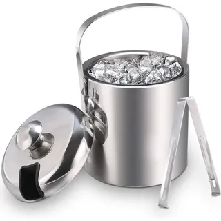 Eiskübel Edelstahl Eisgefäße mit Deckel und Zange, 1,2 L Doppelwand-Eiseimer Eisbehälter, zum Kühlen von Bier, Champagner, Getränke, Weinflas... - Silber