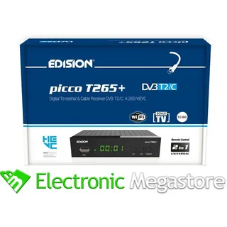 Edision Picco T265+ Terrestrischer DVB-T2 und Kabel DVB-C Receiver, H265 HEVC, FTA Full HD PVR, USB, HDMI, SCART, S/PDIF, IR, USB WiFi Support, Universal 2in1 Fernbedieung, Schwarz