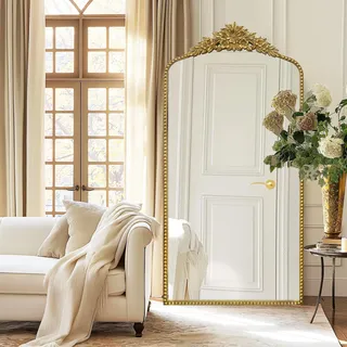 G-LEAF 76cm x 152cm Barock Bogen Ganzkörperspiegel, Vintage Gewölbter Standspiegel, Groß Antiker Wandspiegel zum Stehen, Anlehnen oder Hängen, Bodenspiegel für Schlafzimmer, Wohnzimmer,Gold