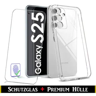 Für Samsung Galaxy S25 5G Silikon Transparent Kameraschutz Hülle + Panzerglas Echt Glas Display Schutzglas - Transparent