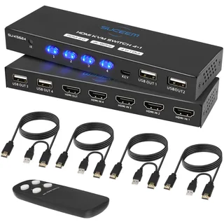 Suceem KVM Switch HDMI 4K@60Hz für 4 Computer 1 Monitor, KVM Switches 4 Port PC Share Monitor USB 2.0 Tastatur Maus, Fernbedienung und 4 KVM-Kabel und Desktop Controller im Lieferumfang Enthalten