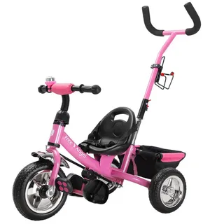 Spielwerk® Dreirad 2in1 mit Schubstange ab 1 Jahr Getränkehalter Kinderdreirad Klappbare Fußablage Baby Buggy Laufrad Kinderwagen Kleinkind Rosa