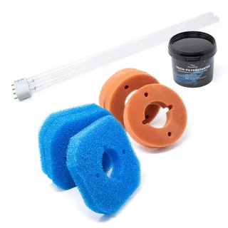 VIALIA Wartungspaket für Oase FiltoClear 6000 | Ersatzteil Set mit 11W UVC Lampe, 6X Filterschwämme (3X blau, 3X rot) & Filterstarter | Service Kit für klares & gesundes Teichwasser
