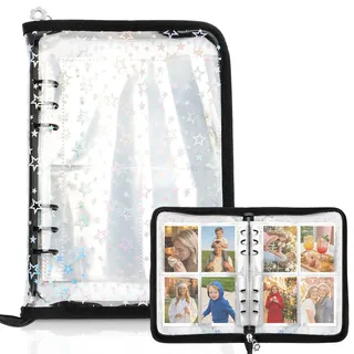 Photocard Binder Kpop, Kpop Photocard Binder & Sticker Album Leer Zum Sammeln, A5 6-Ring-Cover Album mit 30 Innenseiten mit 4 Taschen, Reißverschluss-Organizer für Sammelkarten & Sticker (Schwarz)