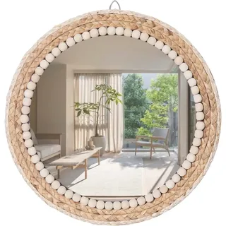 OYPEIP 50,8 cm großer natürlicher Rattan-Boho-Stil, innovative Kunstdekoration, runder Make-up-Spiegel, Ankleidespiegel, Schlafzimmer, Badezimmer, Wandmontage, Hängespiegel, Bastelarbeiten,
