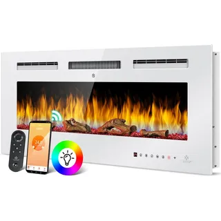 Kesser KESSER® Elektrokamin Wandkamin Elektrischer Kamin mit Heizung 9 Farbmodi LED flammeneffekt, 900/1800 W Kaminofen Wand und einbaukamin Wandmontage Heizung App-Funktion Fernbedienung Touchscreen