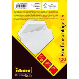 IDENA 10218 - Briefumschläge ohne Fenster DIN C6, 100 Stück nassklebend, Umschläge aus 75 g/m2 FSC-Mix Papier in Weiß