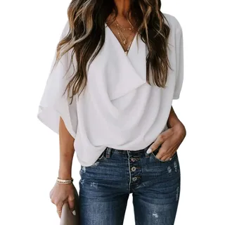 Damen-Tops, sexy Chiffon-T-Shirts, lässig, V-Ausschnitt, lose Hemden, Blusen, übergroße, Lange Oberteile, Tunika-Oberteil, lässig lockeres Hemd Bluse Damen-Bluse mit kurzen Ärmeln einfarbige T-Shirts - S