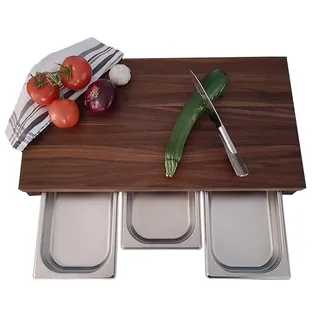 Brückenschneidebrett NUSSBAUM Massivholz mit Auffangschalen Servierbrett Küche Tranchierbrett Brett Käsebrett Edelstahlschale Brotschneidebrett (61,5x32,5cm mit 3Stück 1/3GN-Behälter)