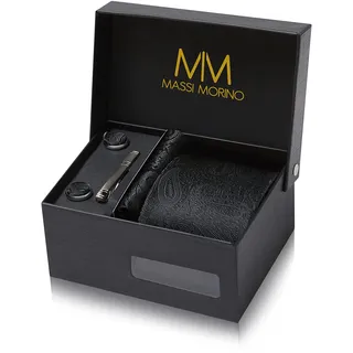 MASSI MORINO Krawatte Paisley Schwarz mit Einstecktuch Set Herren inkl. Manschettenknöpfe, Krawattennadel und Geschenkbox | Männer Krawattenset zur Hochzeit - Einheitsgröße