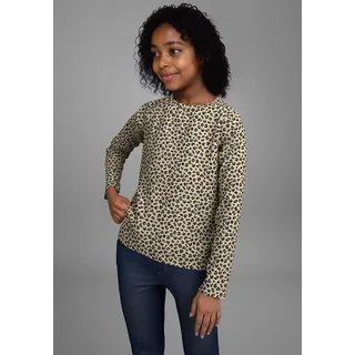 Kidsworld Langarmshirt KIDSWORLD "Shirt in Leo-Optik", Mädchen, Gr. 104/110, gemustert leo, Single Jersey, Obermaterial: 95% Baumwolle, 5% Elasthan, animal-print, Basic hüftlang, Rundhals, Shirts Langarmshirt, Modischer Animal-Print
