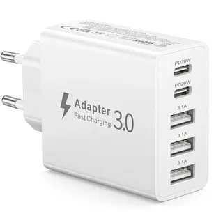 USB C Netzteil 50W Schnellladegerät 5 Ports Mehrfach Adapter, Stecker USB C mit 2×USB-C PD 3×USB-A, USB Ladegerät kompatibel mit iPhone 17e 17 17 Air 17 Pro 17 Pro Max Samsung S26 Serie