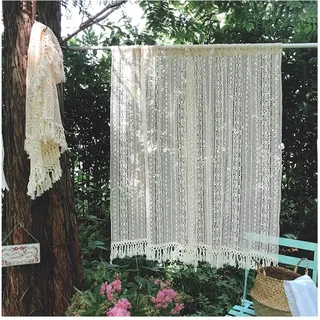 Vintage Shabby-Chic Spitze Häkelgardine Scheibengardine mit Quasten, Boho Bistrogardine für Küche Fensterlein Bücherregal Schrank